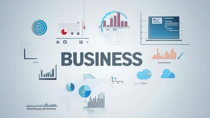 Screensaver with the word Business, minimalistic background with icons and sales graphs, concept: finance and entrepreneurship - Powered by Adobe