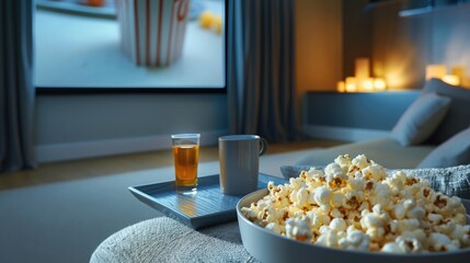 A contemporary home theater with ambient lighting, stylish grey decor, a sizable projection screen, and a tray of popcorn, inviting guests to enjoy a cinematic experience.