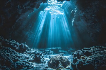 Obraz premium Sunbeams penetrate the underwater cave, illuminating the rocky formations and marine life.