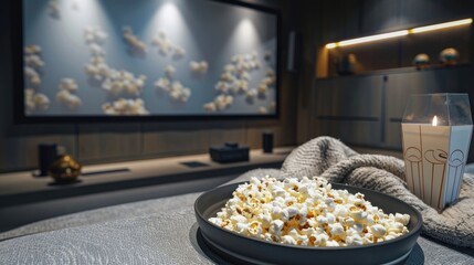 A contemporary home theater with ambient lighting, stylish grey decor, a sizable projection screen, and a tray of popcorn, inviting guests to enjoy a cinematic experience.