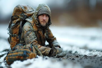 Fototapeta premium Bearded Man in Camo Wearing a Winter Hat Rests in the Snow