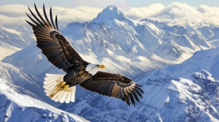 Majestic eagle soaring above snowy peaks. A powerful eagle glides effortlessly above a breathtaking mountain range, showcasing the beauty of nature's grandeur.