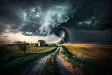 Naklejka premium Dark storm clouds form a tornado over a rural house on a dirt road, creating a dramatic landscape.