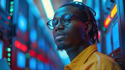 A man wearing glasses stands confidently in a server room, with rows of glowing servers in the background, symbolizing expertise and the field of information technology.