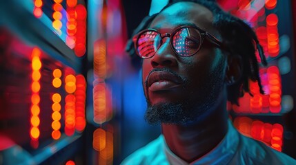 An operator is engrossed in work in a server room with vibrant blue and red lighting, showcasing the complex and dynamic nature of modern technology and data centers.