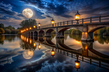 A bridge with a lit lamp post and a full moon in the background. The scene is serene and peaceful, with the moon reflecting on the water and the lights creating a warm glow © Butsarakham