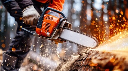A logger, equipped with safety gear, uses a powerful chainsaw to cut through a tree in a forest, showcasing raw power, precision, and the rugged nature of forestry work.