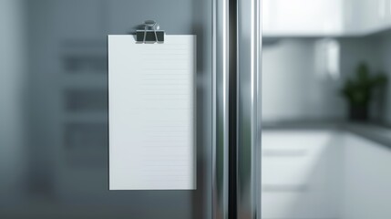 A close-up of a modern fridge door with a sleek design, a magnet holding a blank A4 white paper, high detail, 8K resolution, cinematic style, focus cover all object