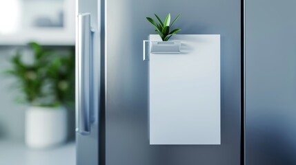 A close-up of a modern fridge door with a sleek design, a magnet holding a blank A4 white paper, high detail, 8K resolution, cinematic style, focus cover all object