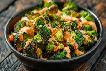 Crispy baked broccoli florets with spicy mayo sauce in black bowl on wooden table close up