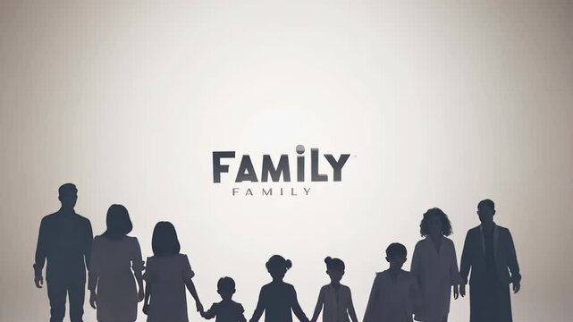 The inscription of the word family appears on a minimalistic background with silhouettes of people. Concept: parenthood and relationships, family tree, template