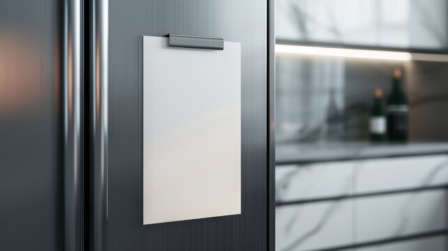 A close-up of a modern fridge door with a sleek design, a magnet holding a blank A4 white paper, high detail, 8K resolution, cinematic style, focus cover all object
