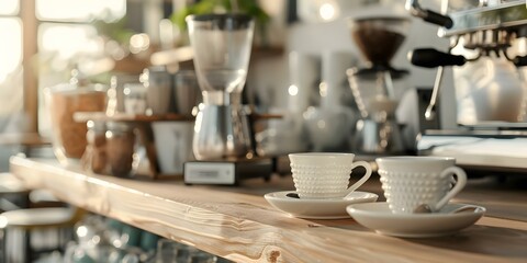 Fototapeta premium A Close-Up View of a Cozy Coffee Station with Barista Accessories in Warm Tones. Concept Coffee Station Design, Barista Accessories, Warm Tones, Cozy Atmosphere, Close-Up View
