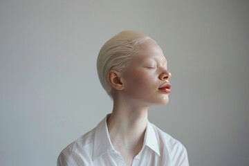 A woman with a shaved head and white hair is sitting with her eyes closed