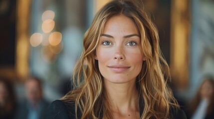 Fototapeta premium A woman in sophisticated business attire smiles warmly in an elegant setting, capturing professionalism, confidence, and a welcoming demeanor in a corporate environment.