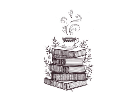 recommend clip art: stack of books with flowers, line art, cup of coffee