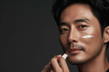 Obraz premium Korean man applying night cream, emphasizing skincare routine