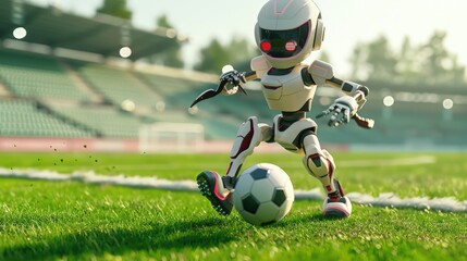 A robot is kicking a soccer ball on a field. Generate AI image