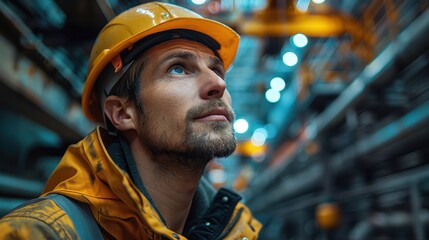 A worker in an industrial plant, clad in a yellow hard hat and work attire, looking up attentively, showcasing the focus and diligence in an engineering environment.