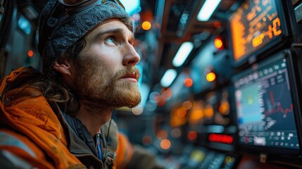 Fototapeta premium A focused technician wearing a beanie and safety goggles monitors an advanced control panel, representing precision, technical expertise, and the modern engineering environment.