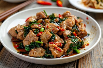 Crispy pork with kale and oyster sauce on white plate on wooden table Asian cuisine