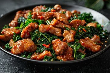 Crispy pork stir fry with kale and oyster sauce on black plate Asian cuisine