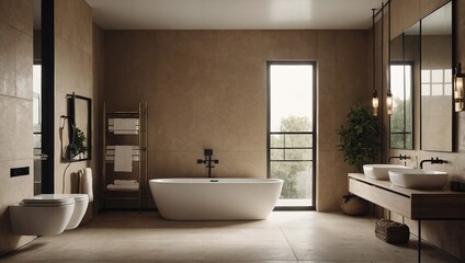  Beige hotel bathroom interior with douche, accessories and mockup wall