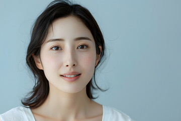 Fototapeta premium An elegant Asian woman displaying her radiant skin texture against a plain backdrop