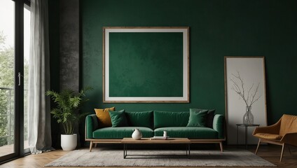 Big frame mockup in modern green interior background