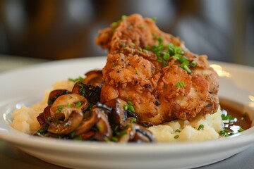 Deep fried chicken with potatoes and fungi