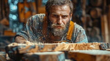 A serious man deeply focused on woodworking, surrounded by flying sawdust, emphasizing commitment, artistry, and the meticulous process of crafting wood in a workshop.