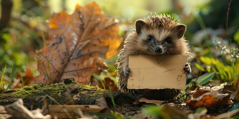 Obraz premium A forlorn hedgehog holding a blank cardboard sign, surrounded by dense forest foliage, waiting for someone to offer help.