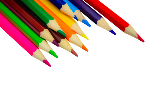 Crayons - colored pencil set loosely arranged isolated on white background Drawing supplies Pink orange green blue pencil Copy space Back to school concept