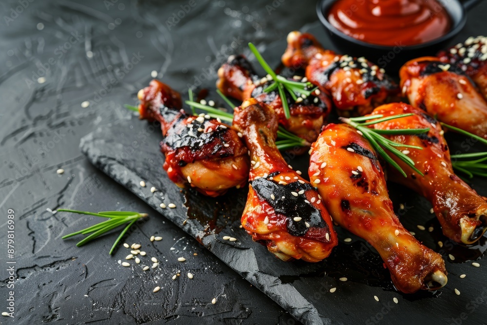 Sticker delicious spicy chicken legs with teriyaki and sesame seeds on dark concrete background