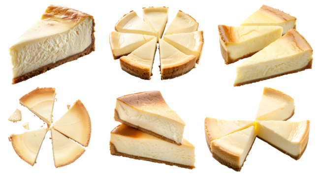 Set of classic traditional cheesecake cake pastry dessert, on transparent cutout, PNG file. Many assorted different angles, stack, broken, slice, pile. Mockup template for artwork