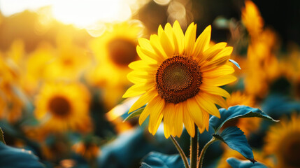 Fototapeta premium close up of a blooming sunflower with the dazzling sunlight behind it, detailed and beautiful
