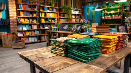Fototapeta premium Colorful books stacked on a wooden table in a cozy bookstore with shelves full of various books in the background, creating a warm ambiance.