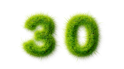 Alphabet letter grass effects, A Number 30 with grass on a transparency background, eco text effect, isolated letter with grass effect high quality