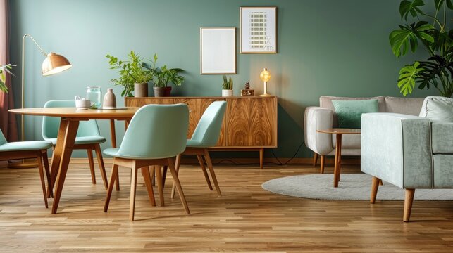 A contemporary living space with mint chairs at a round wooden dining table, a mid-century modern sofa, and a minimalist cabinet near a green wall, highlighted by soft lighting and wooden flooring.