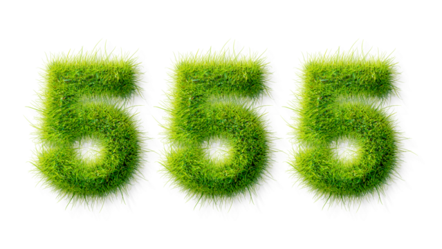 Alphabet letter grass effects, A Number 555 with grass on a transparency background, eco text effect, isolated letter with grass effect high quality