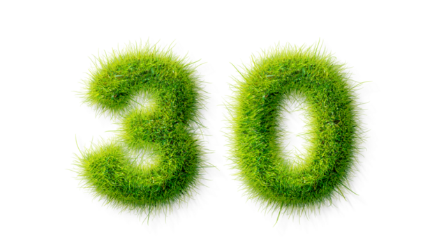 Alphabet letter grass effects, A Number 30 with grass on a transparency background, eco text effect, isolated letter with grass effect high quality
