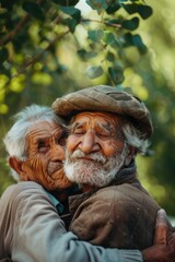 An emotional moment between two men, embracing under the shade of a tree