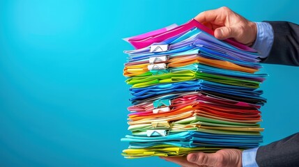 Hands holding a large stack of colorful file folders against a blue background, representing office organization and paperwork management.