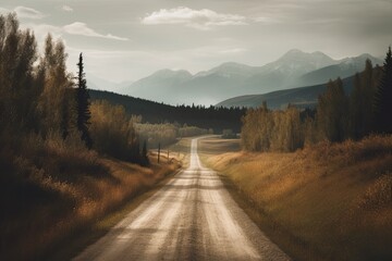 Obraz premium Beautiful place with green scenery, mountain, tree, sky, road, cloud.AI generated image. 