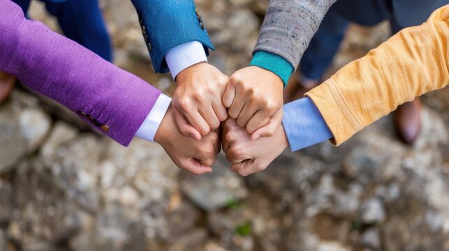 Four people with colorful sleeves join hands in a powerful gesture of unity and teamwork, symbolizing cooperation and togetherness.