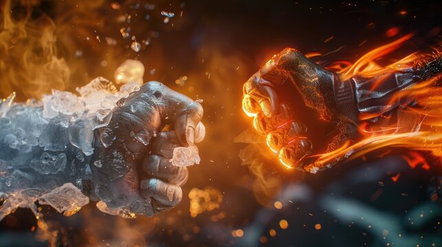 A close-up shot of a fist with flames and icy blue hues, suggesting contrasting forces