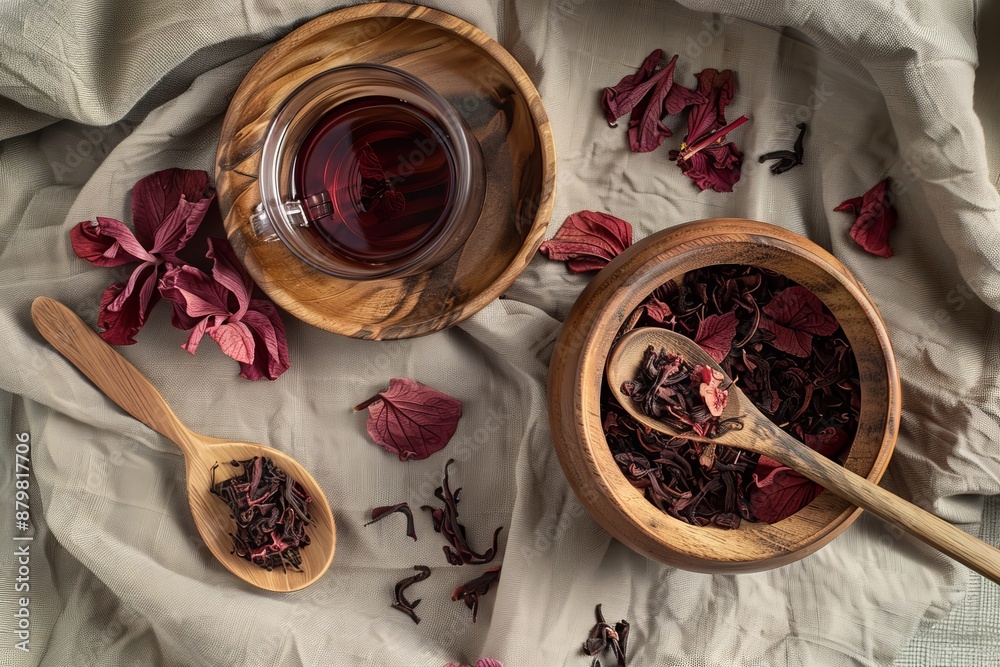 Canvas Prints detailed view of tea cup and spoon with hibiscus petals on cloth tablecloth