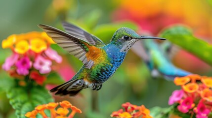 Fototapeta premium Hummingbird in Flight with Vibrant Colors