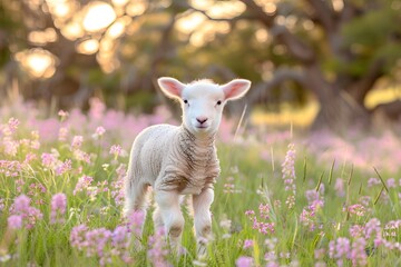 Fototapeta premium Adorable lamb standing in a lush meadow during sunset, surrounded by pink wildflowers.