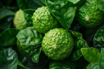 Obraz premium Rounded and whole bergamot fruits in the backdrop, top view